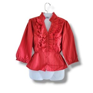NWT Antilia Femme | Red/Orange Striped 3/4 Sleeve Ruffled Self-Tie Peplum Top
